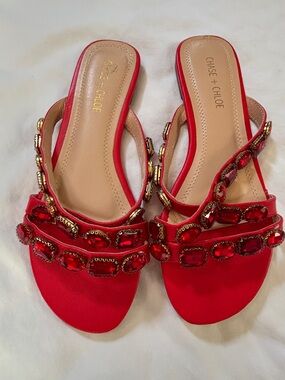 Chase + Chloe Red Jeweled Flat Sandals Size 9 Embellished Slip On